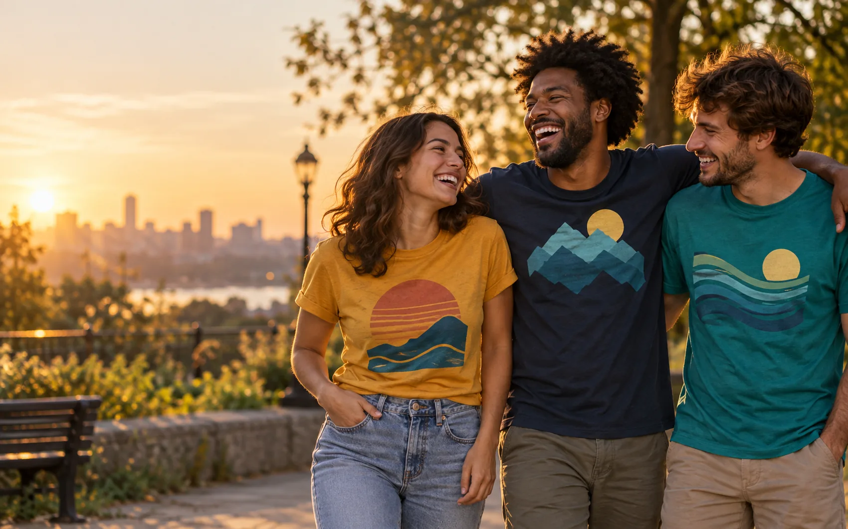 People wearing Pearltee graphic T-shirts outdoors in an original Pearltee apparel photograph