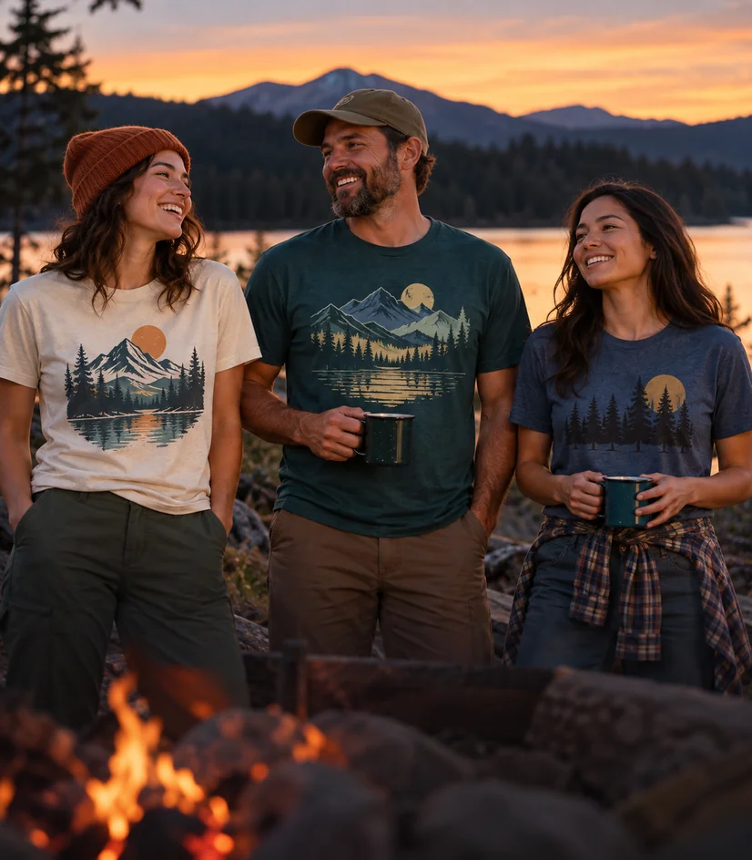 Outdoor graphic T-shirts from Pearltee in an original Pearltee apparel photograph