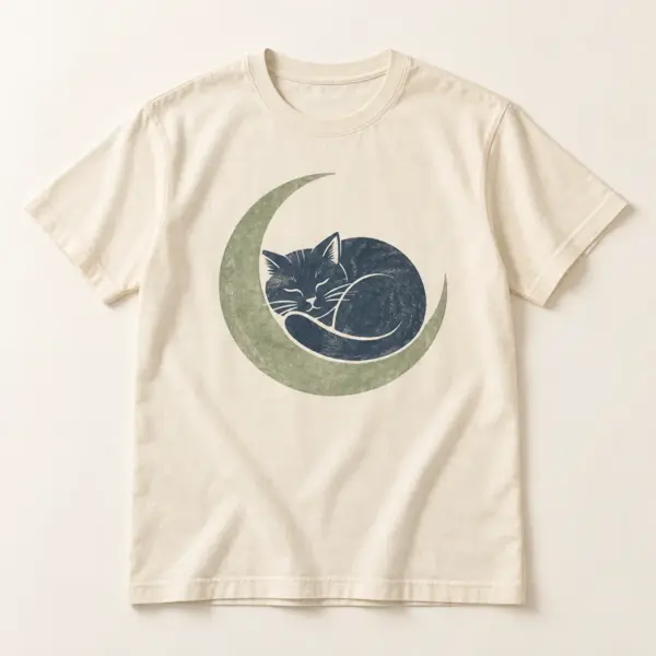 Main mockup of a cream crew neck T-shirt in the Cat in a Crescent design