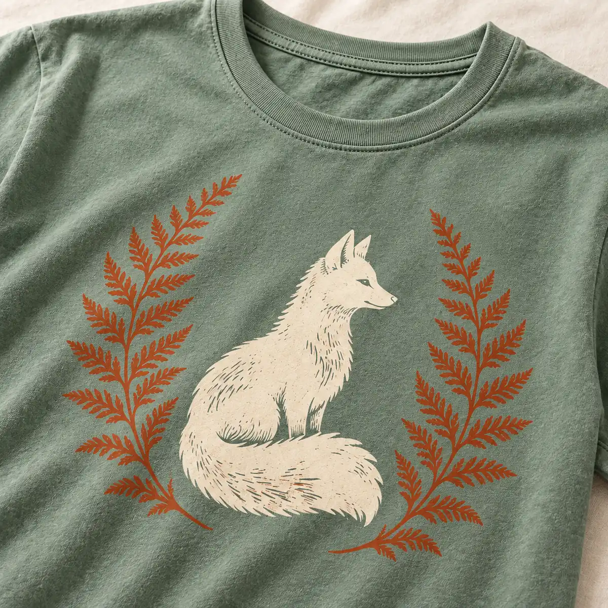 Detail mockup of a sage crew neck T-shirt in the Fox Fern design