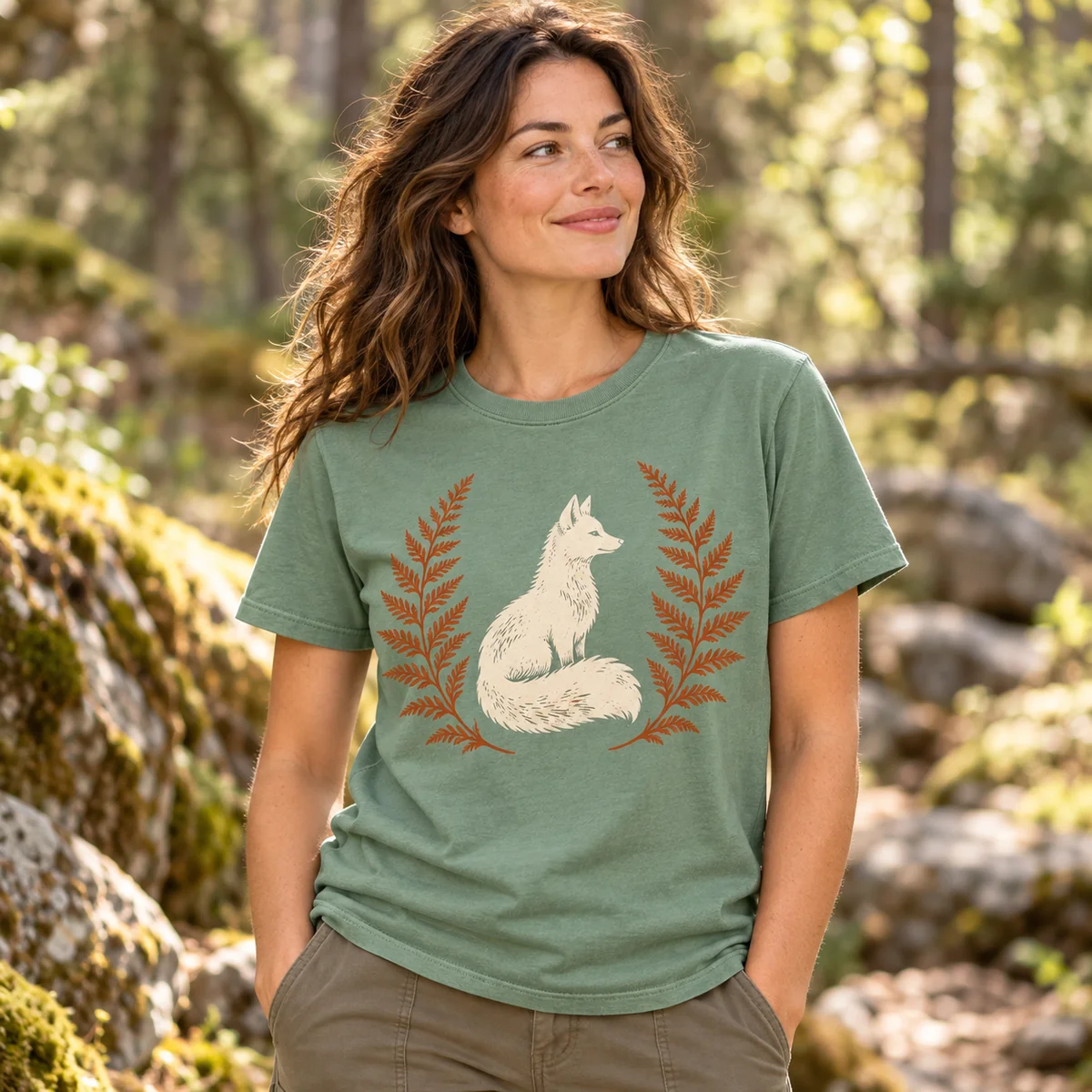 Lifestyle mockup of a sage crew neck T-shirt in the Fox Fern design