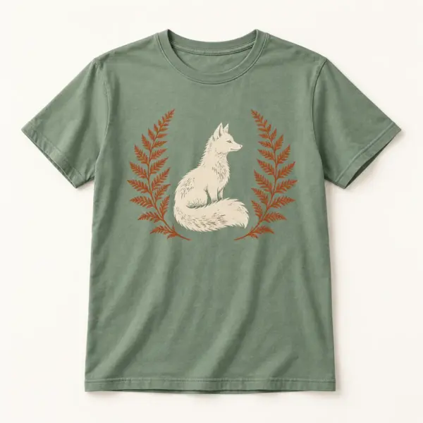 Main mockup of a sage crew neck T-shirt in the Fox Fern design