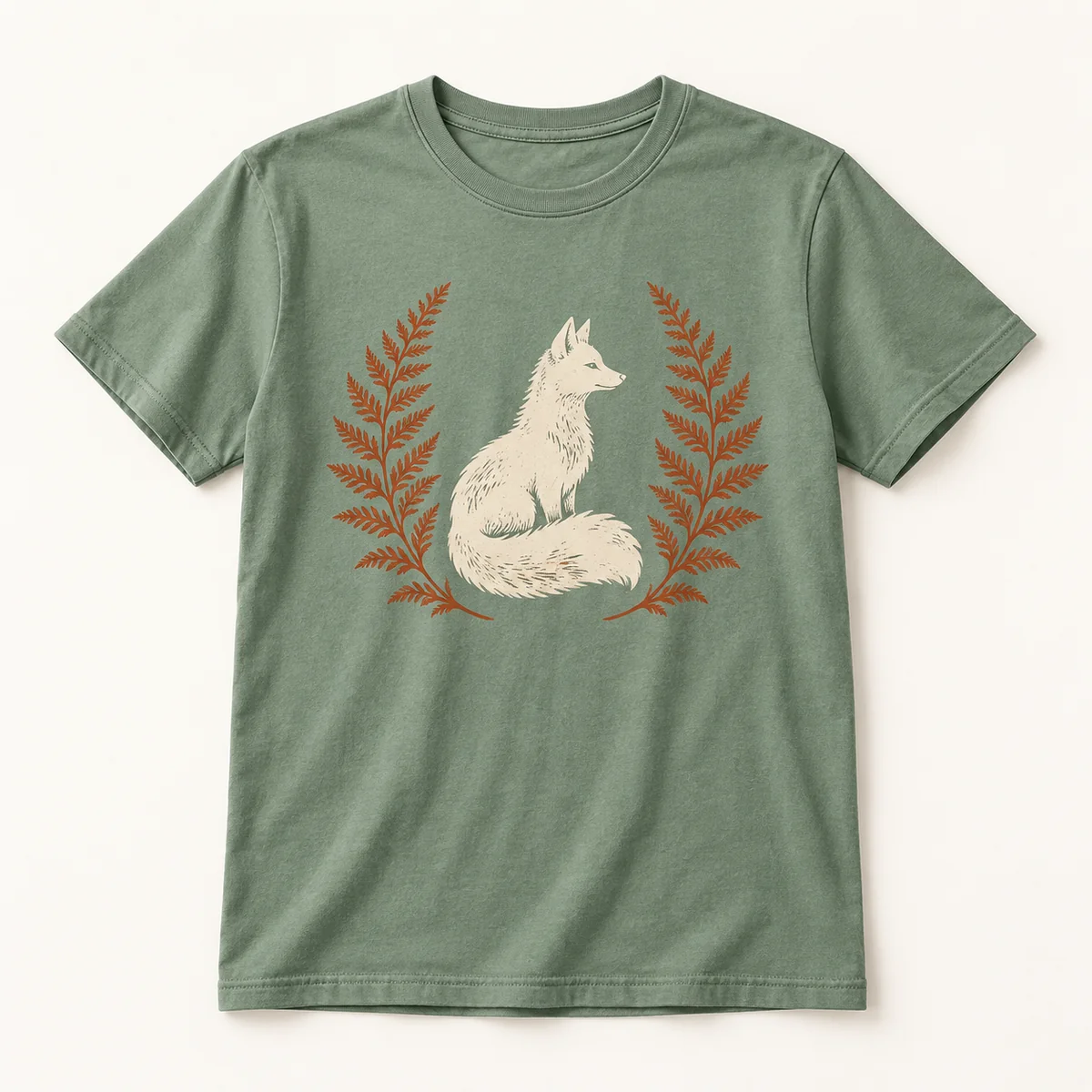 Main mockup of a sage crew neck T-shirt in the Fox Fern design