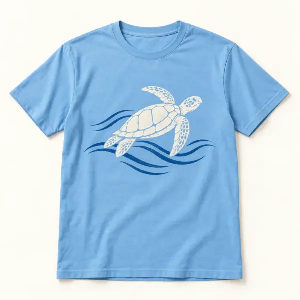 Main mockup of a sky blue crew neck T-shirt in the Sea Turtle Current design