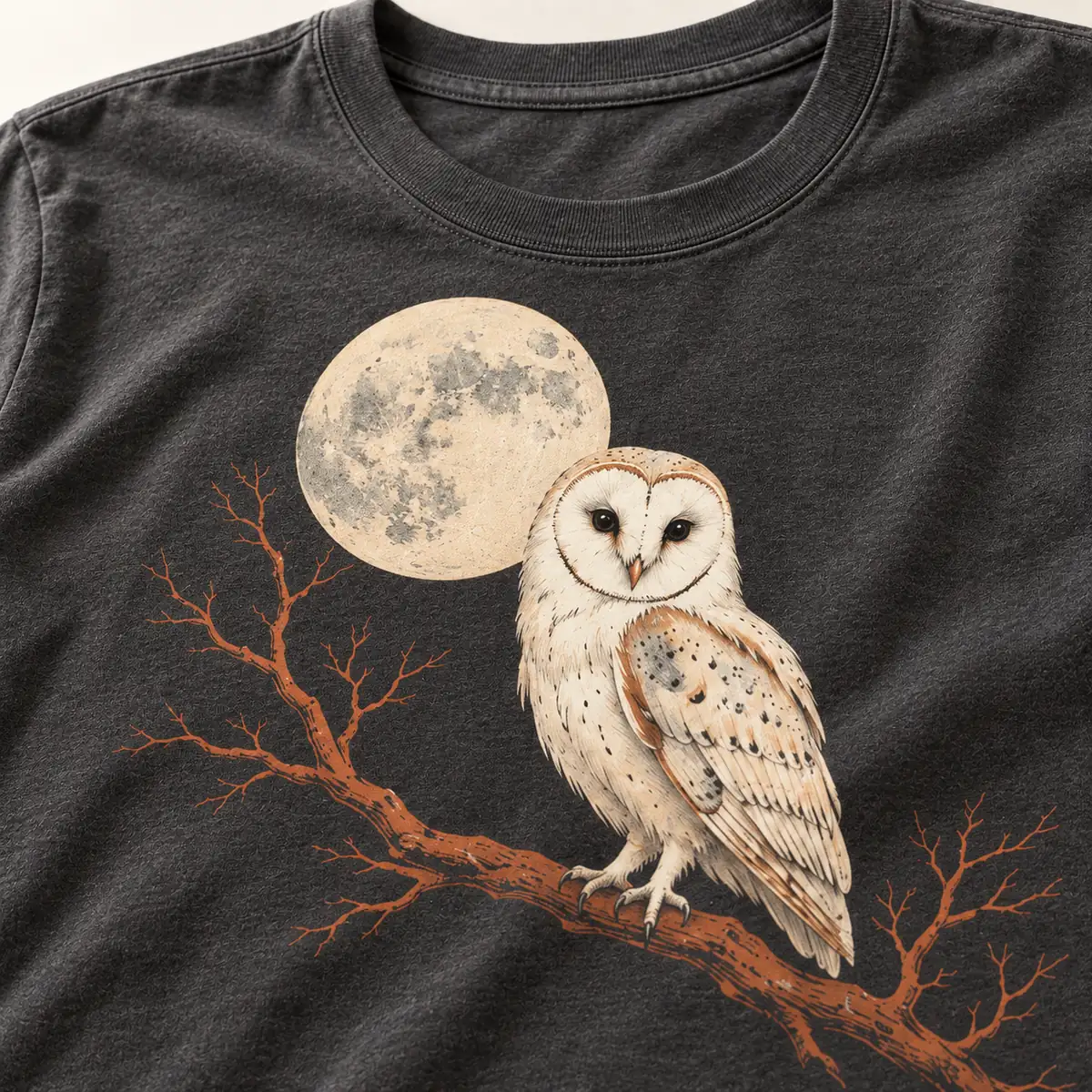 Detail mockup of a charcoal crew neck T-shirt in the Owl Moon Garden design