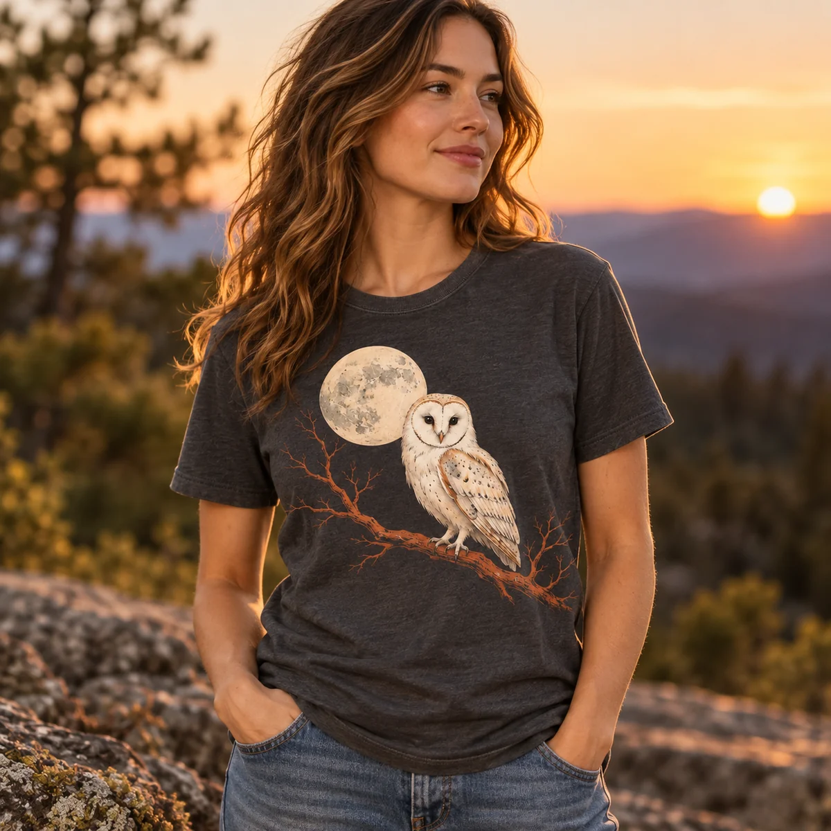 Lifestyle mockup of a charcoal crew neck T-shirt in the Owl Moon Garden design