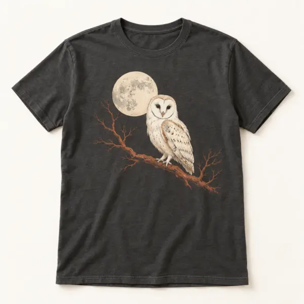 Main mockup of a charcoal crew neck T-shirt in the Owl Moon Garden design
