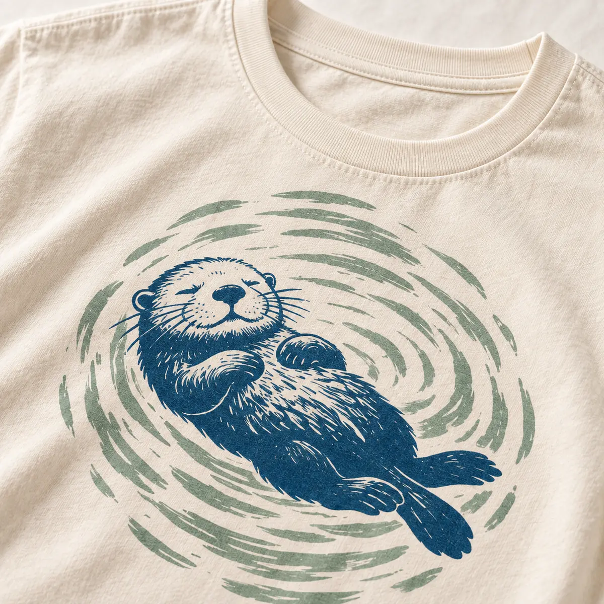 Detail mockup of a cream crew neck T-shirt in the Otter River Circle design