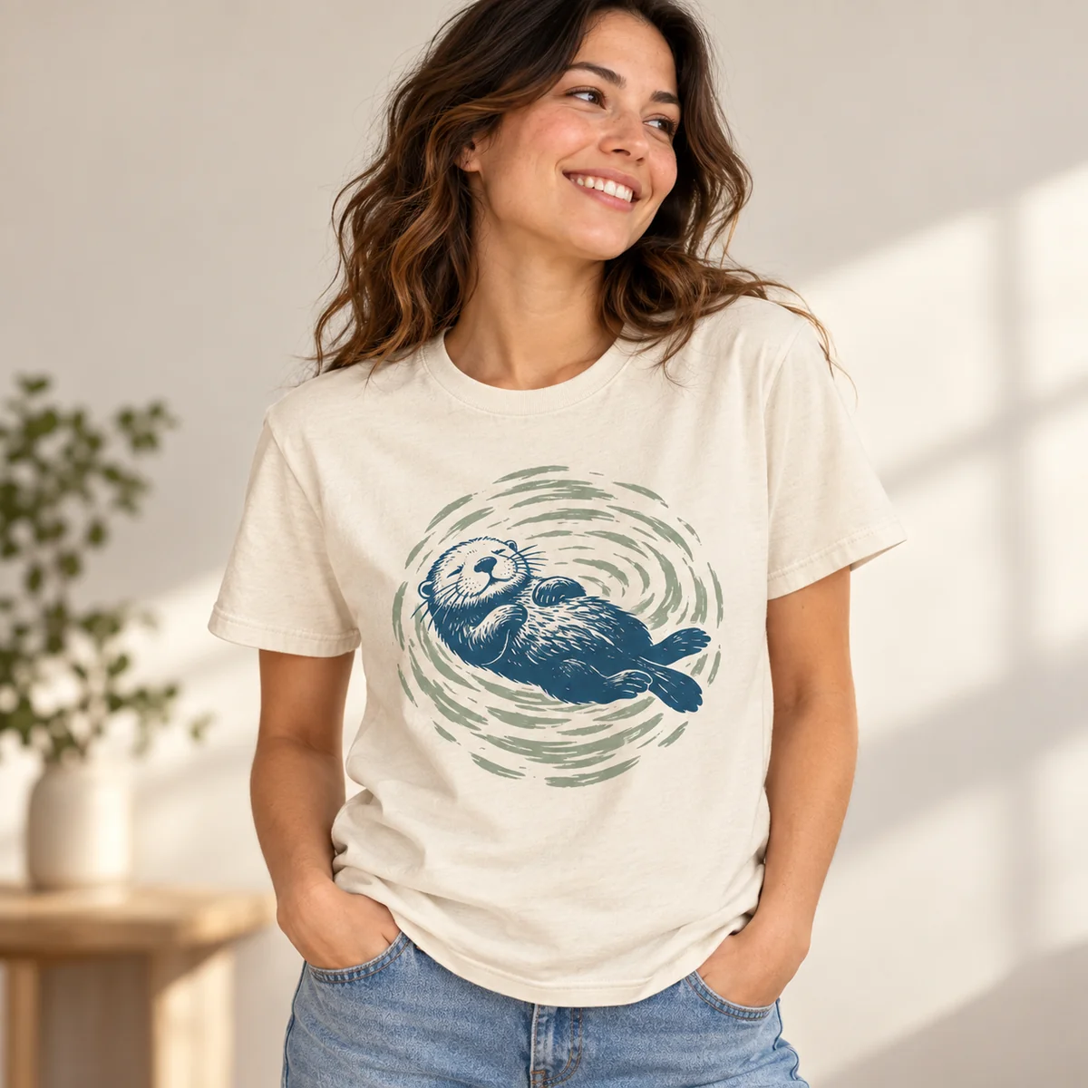 Lifestyle mockup of a cream crew neck T-shirt in the Otter River Circle design