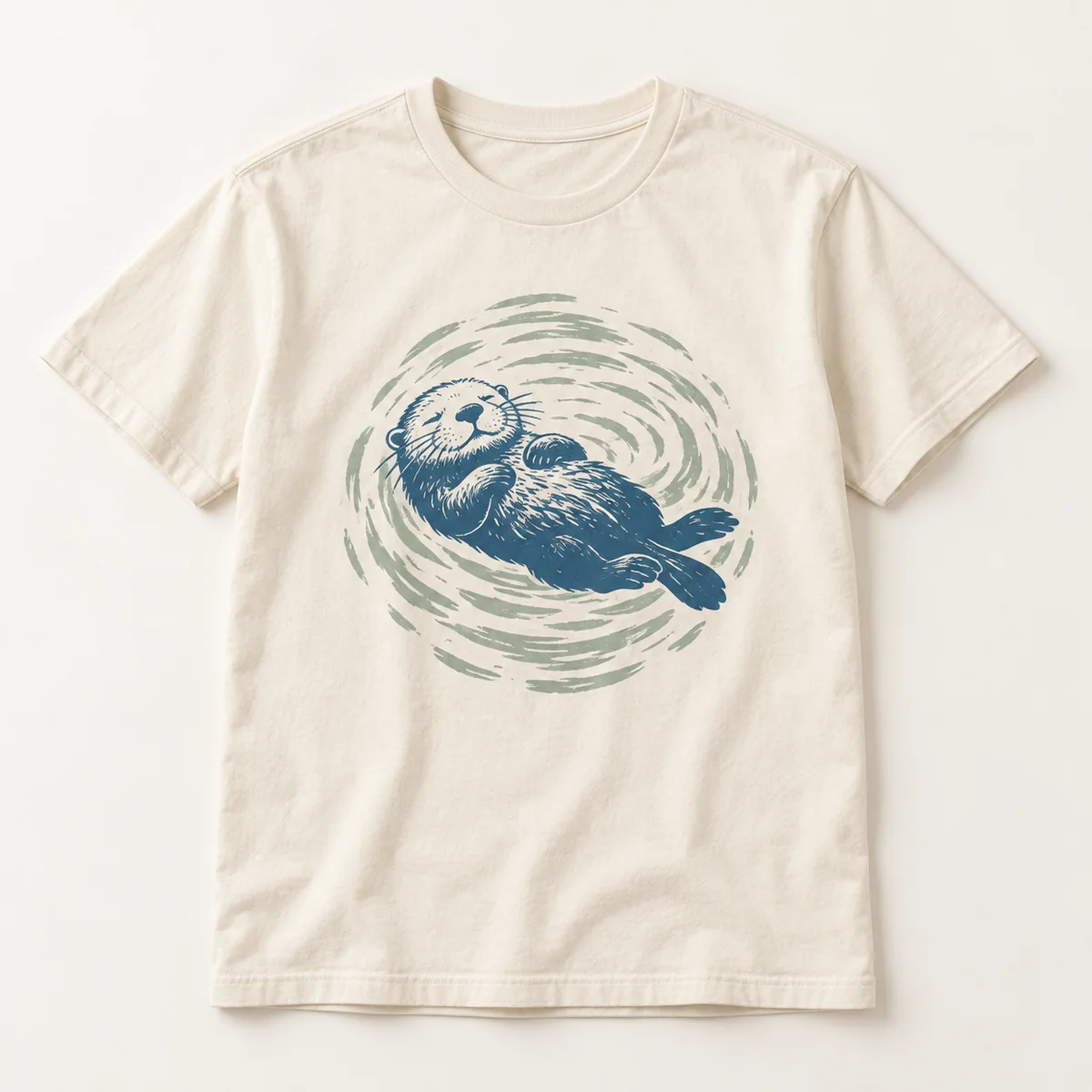 Main mockup of a cream crew neck T-shirt in the Otter River Circle design