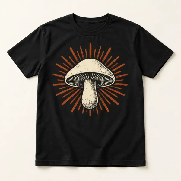 Main mockup of a black crew neck T-shirt in the Mushroom Disco design