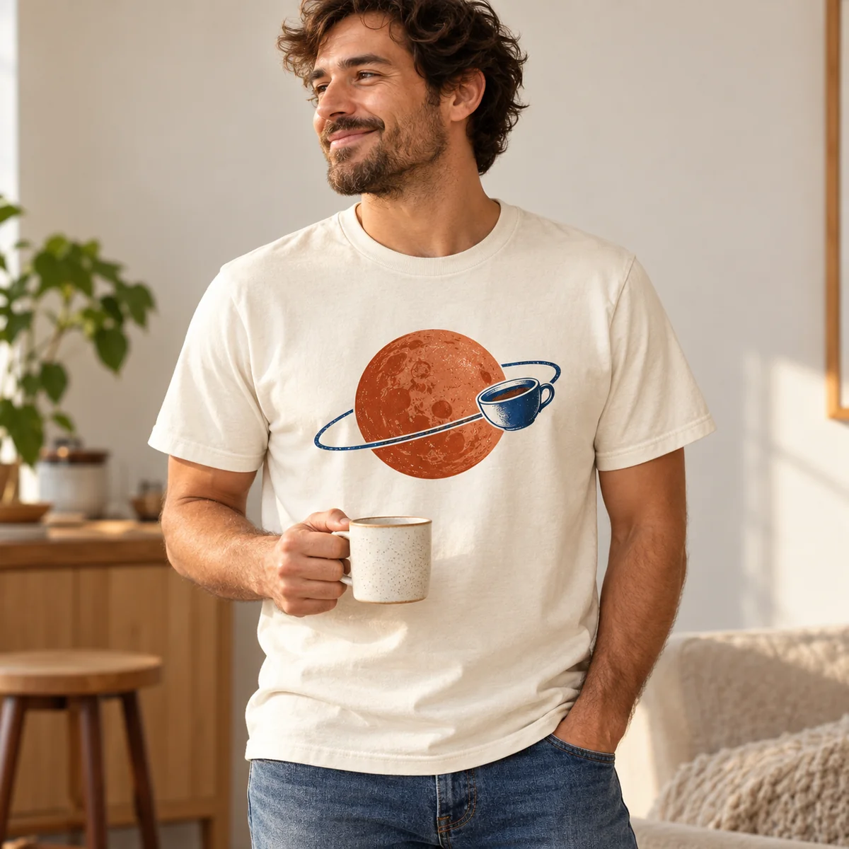 Lifestyle mockup of a cream crew neck T-shirt in the Coffee Planet design