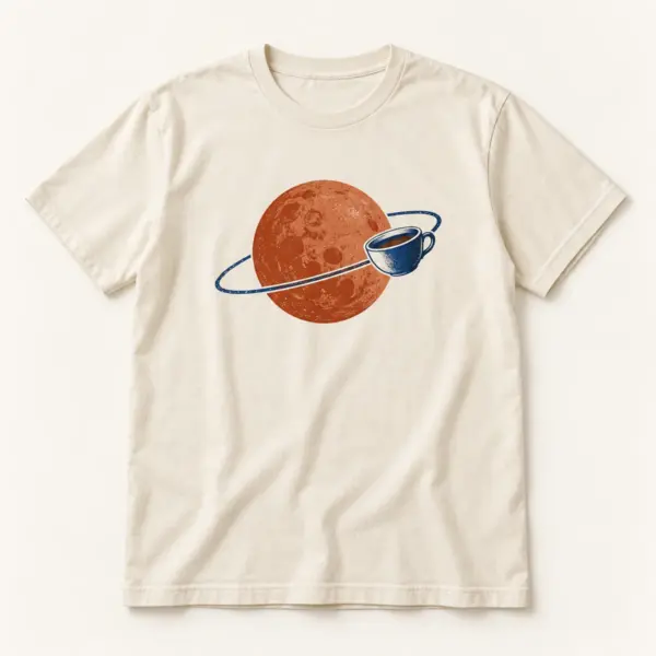 Main mockup of a cream crew neck T-shirt in the Coffee Planet design