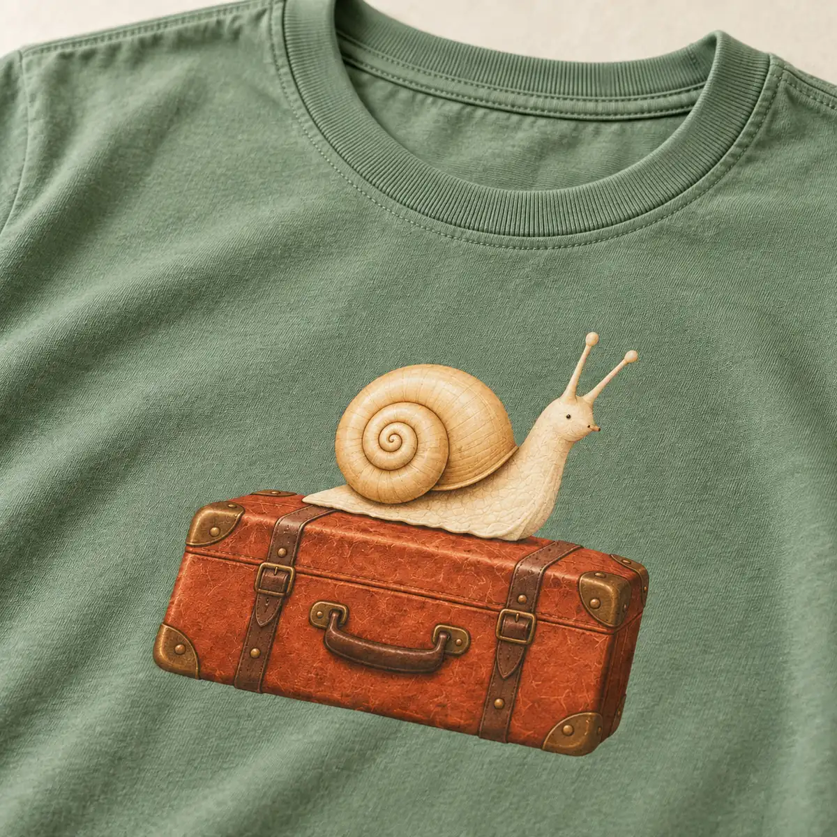 Detail mockup of a sage crew neck T-shirt in the Snail on Holiday design
