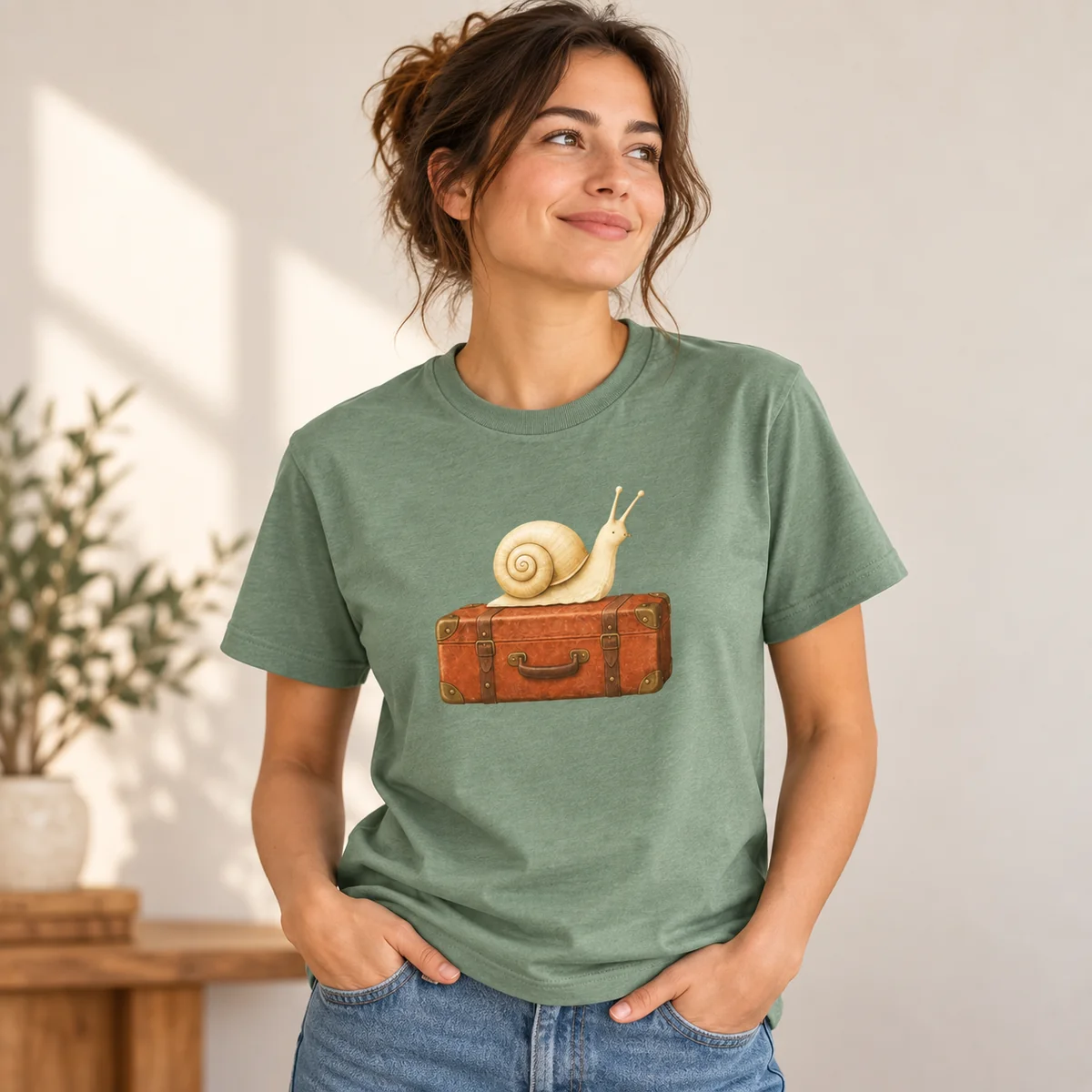 Lifestyle mockup of a sage crew neck T-shirt in the Snail on Holiday design