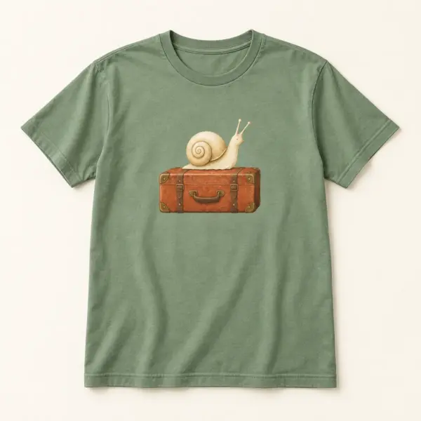 Main mockup of a sage crew neck T-shirt in the Snail on Holiday design