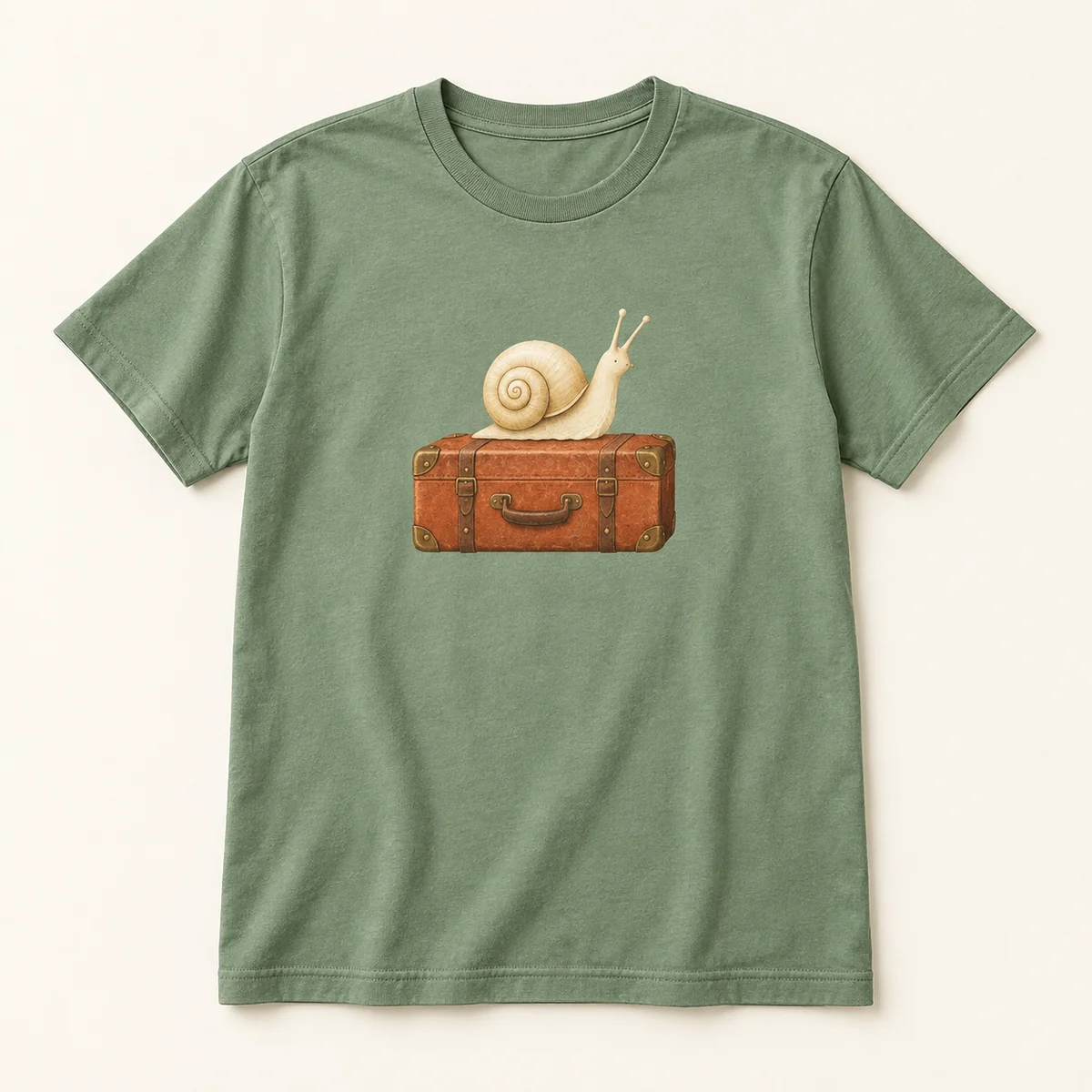 Main mockup of a sage crew neck T-shirt in the Snail on Holiday design