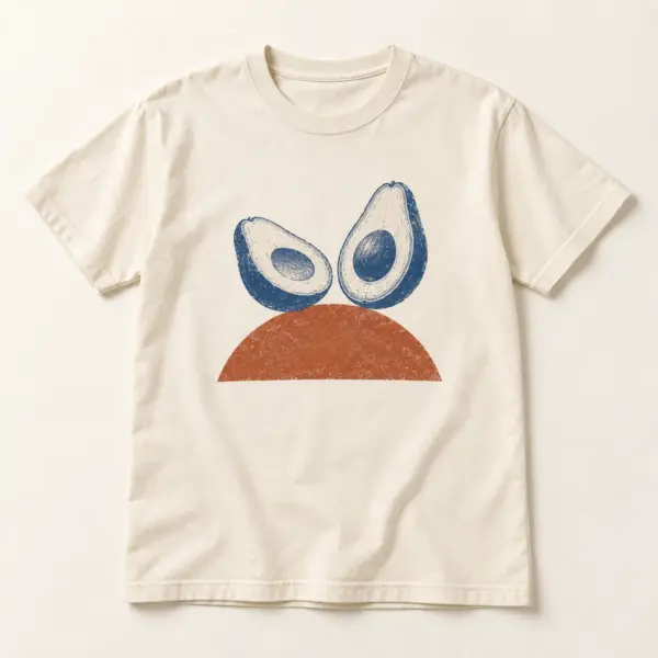 Main mockup of a cream crew neck T-shirt in the Avocado Balance design