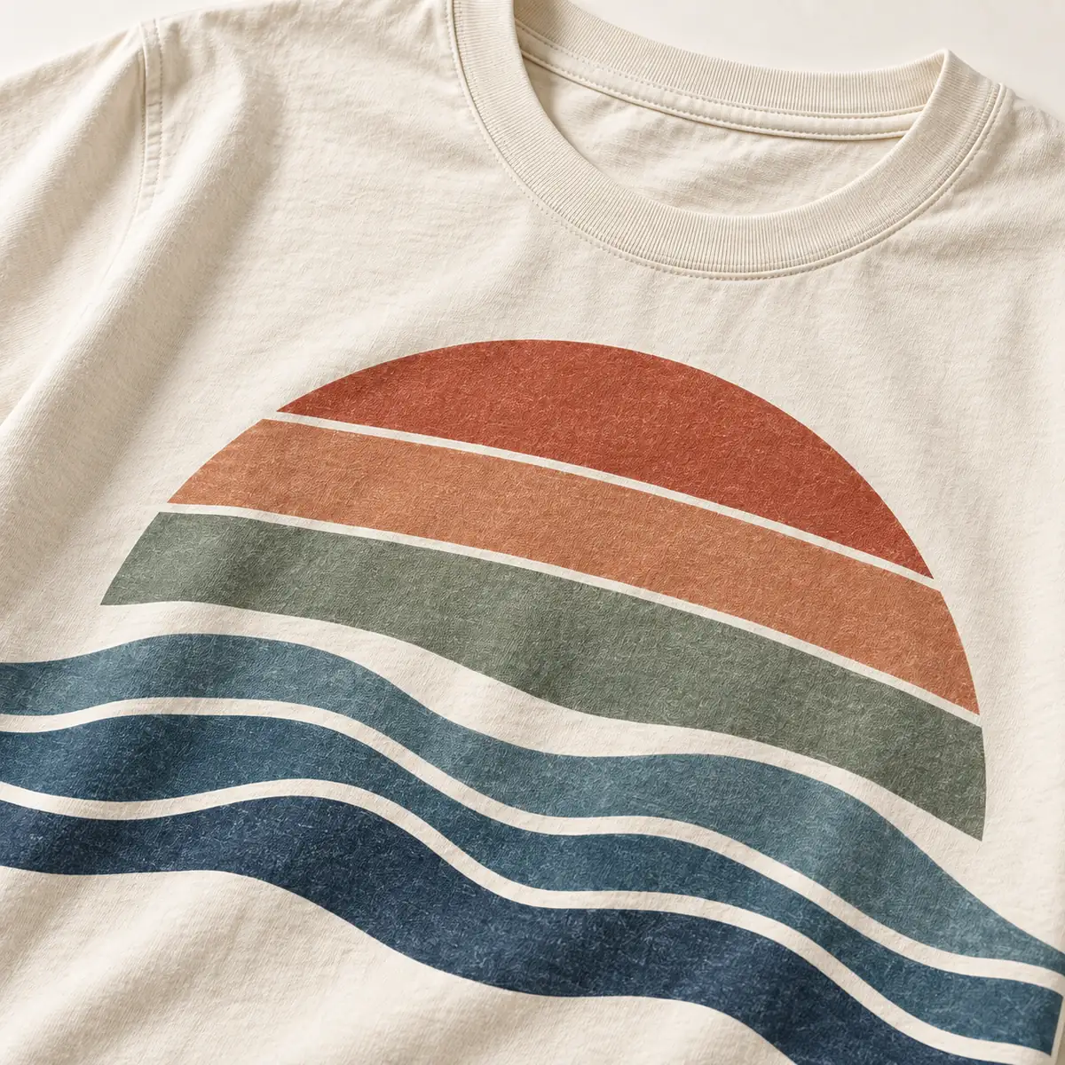 Detail mockup of a cream crew neck T-shirt in the Retro Sunset Waves design