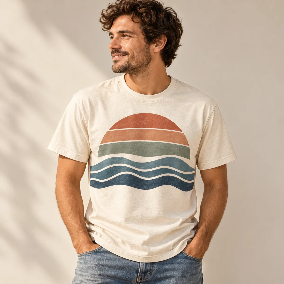Lifestyle mockup of a cream crew neck T-shirt in the Retro Sunset Waves design