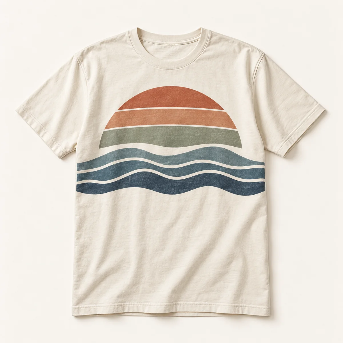 Main mockup of a cream crew neck T-shirt in the Retro Sunset Waves design