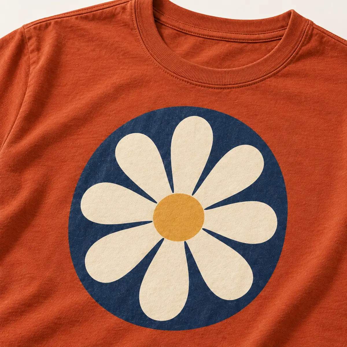 Detail mockup of a rust crew neck T-shirt in the Seventies Garden design