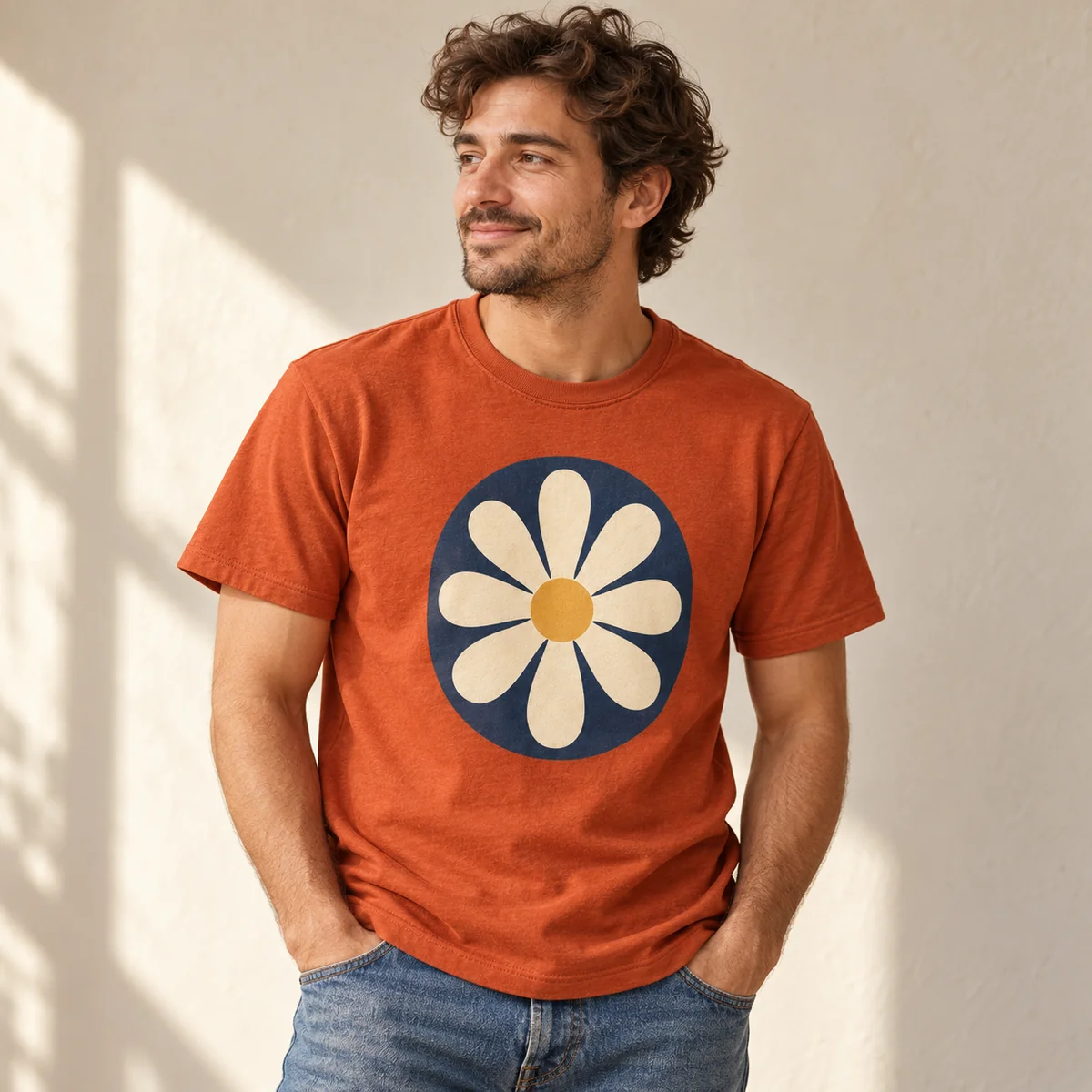 Lifestyle mockup of a rust crew neck T-shirt in the Seventies Garden design