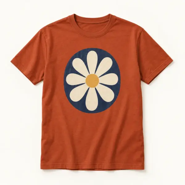 Main mockup of a rust crew neck T-shirt in the Seventies Garden design