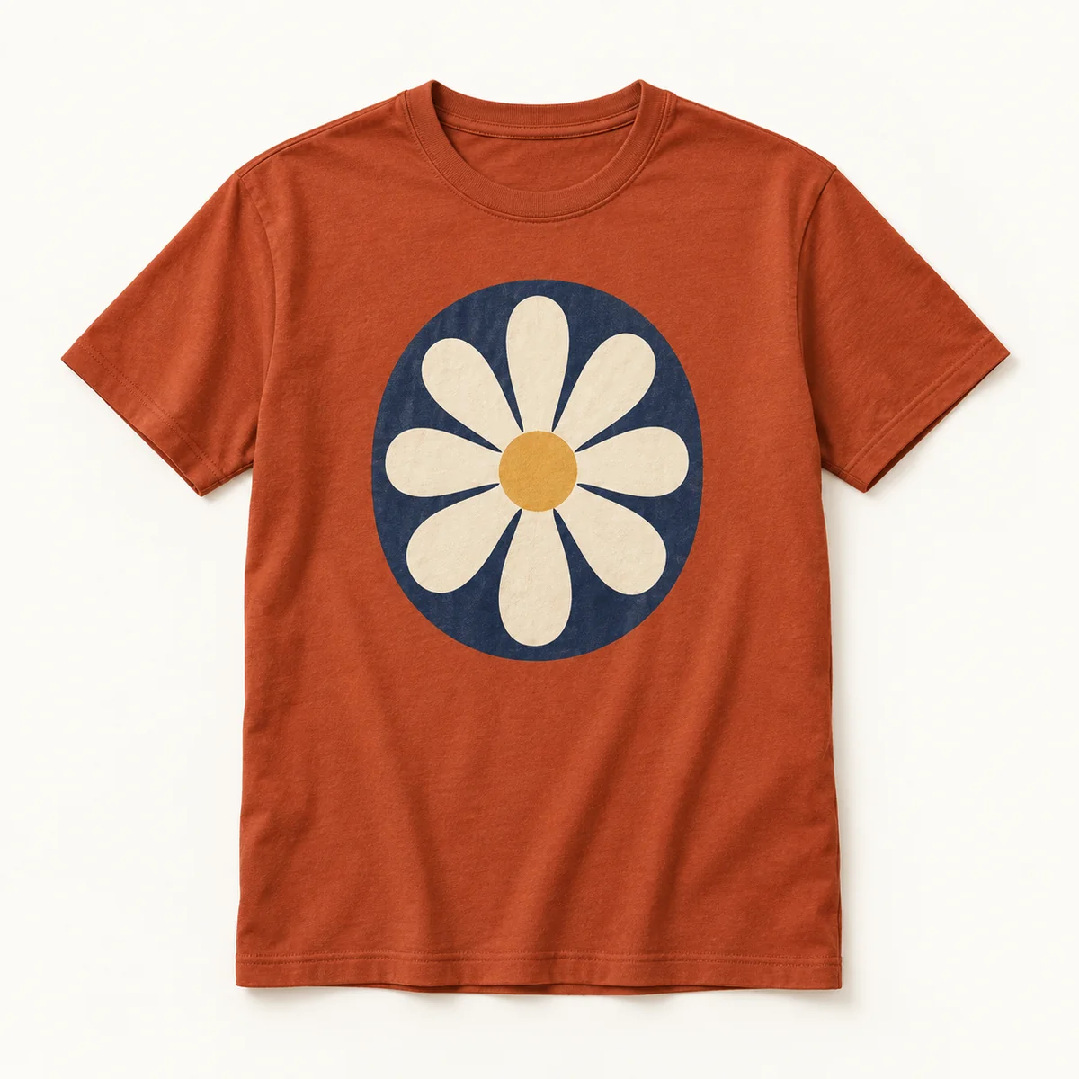Main mockup of a rust crew neck T-shirt in the Seventies Garden design