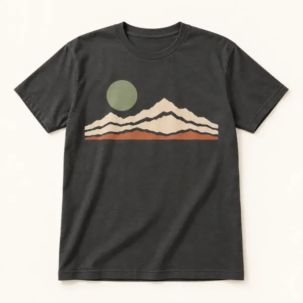 Main mockup of a charcoal crew neck T-shirt in the Analog Mountains design