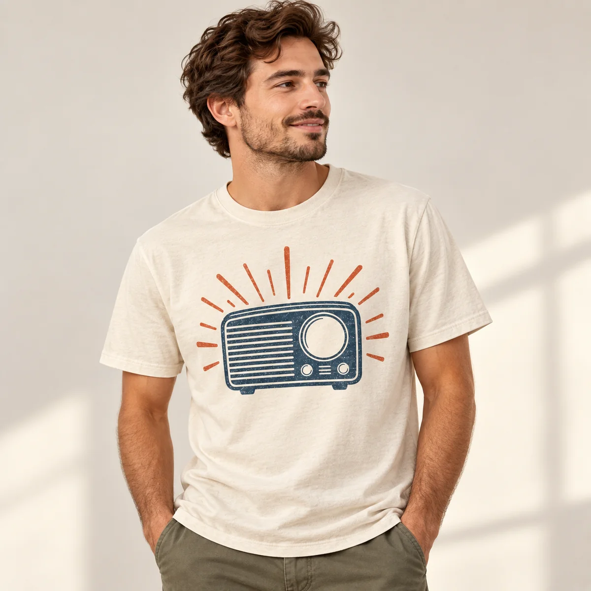 Lifestyle mockup of a cream crew neck T-shirt in the Desert Radio design