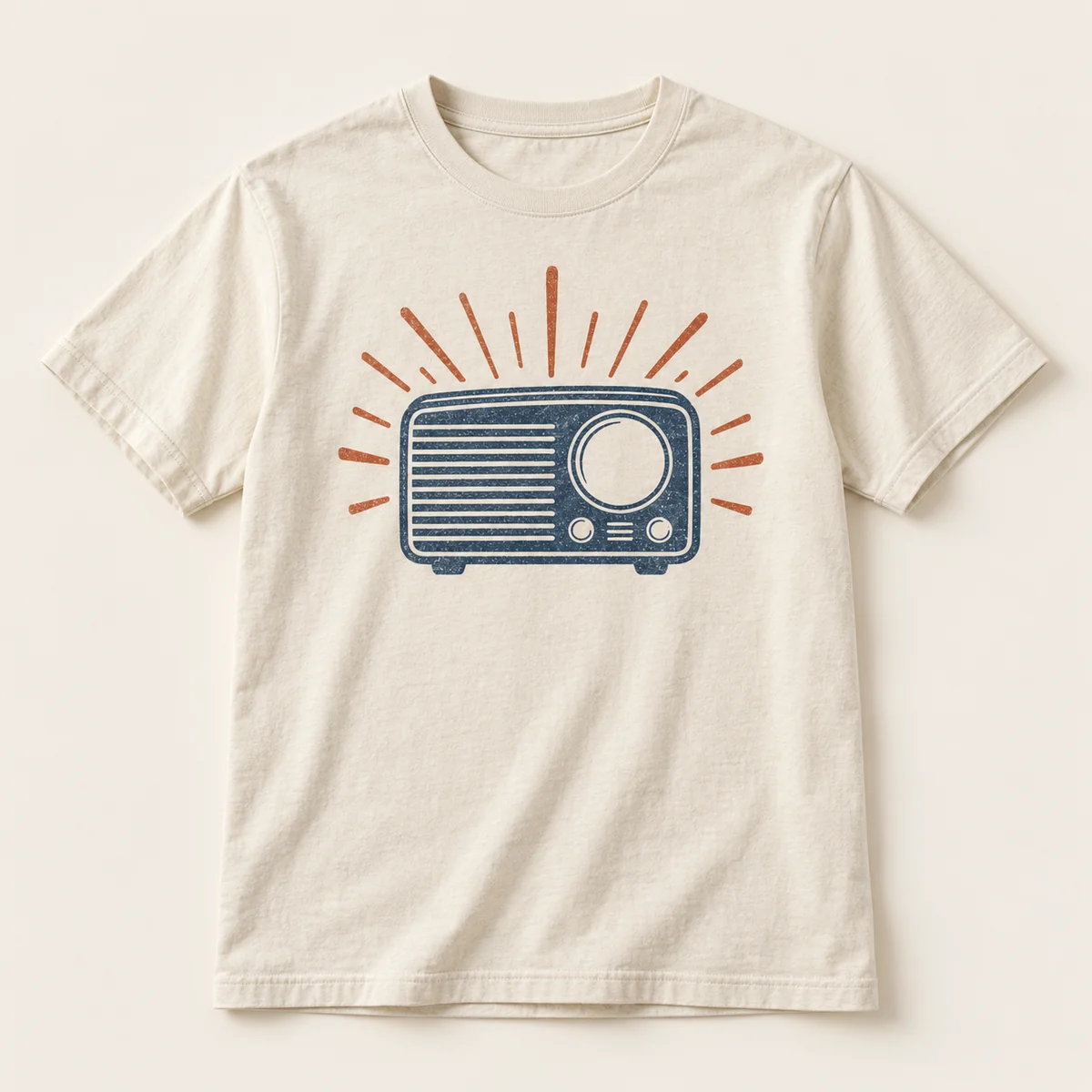 Main mockup of a cream crew neck T-shirt in the Desert Radio design