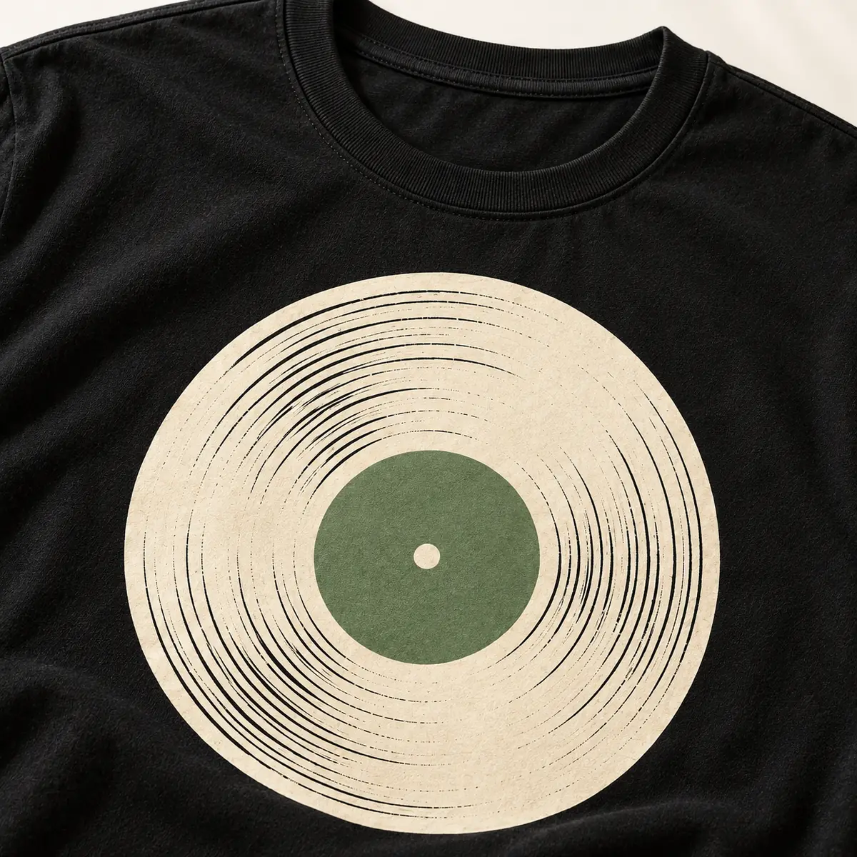 Detail mockup of a black crew neck T-shirt in the Vinyl Moon design