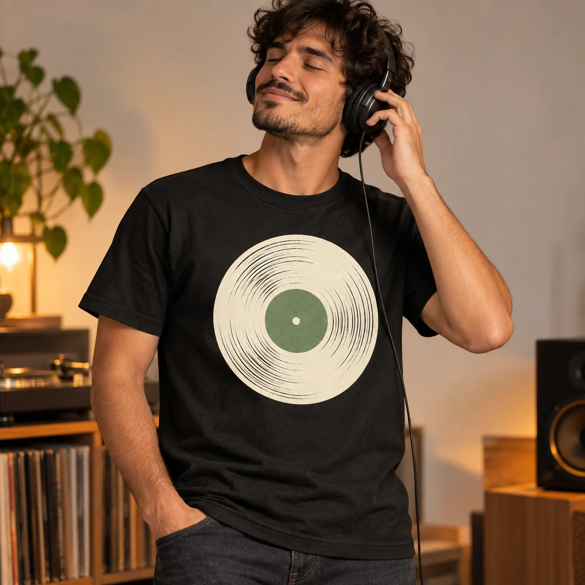 Lifestyle mockup of a black crew neck T-shirt in the Vinyl Moon design