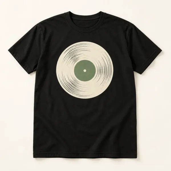 Main mockup of a black crew neck T-shirt in the Vinyl Moon design