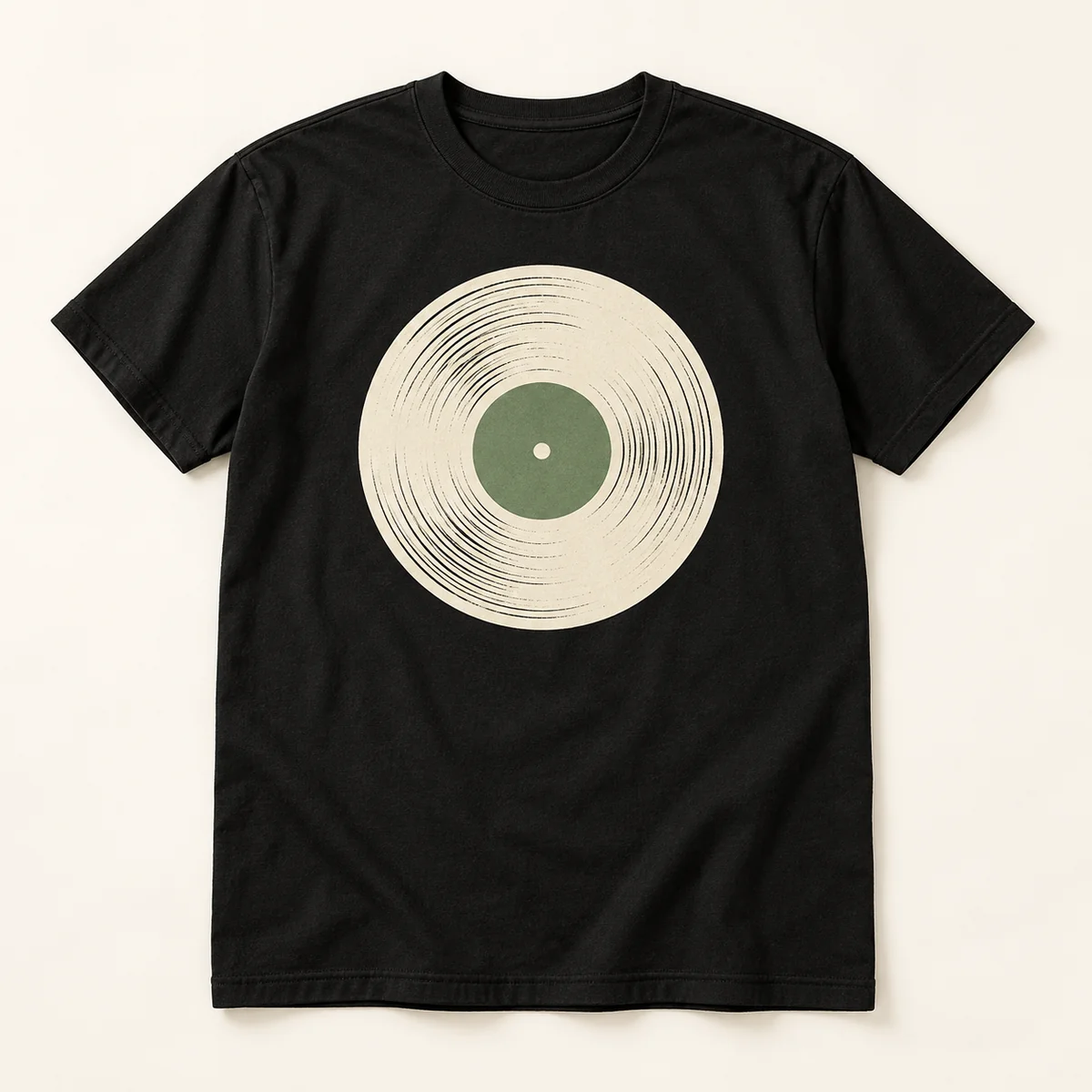 Main mockup of a black crew neck T-shirt in the Vinyl Moon design