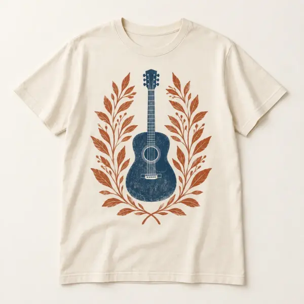 Main mockup of a cream crew neck T-shirt in the Guitar Botanicals design