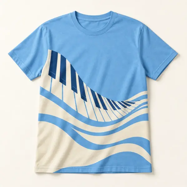 Main mockup of a sky blue crew neck T-shirt in the Piano Wave design
