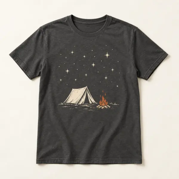Main mockup of a charcoal crew neck T-shirt in the Campfire Constellation design