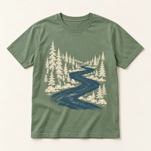 Main mockup of a sage crew neck T-shirt in the Pine River design