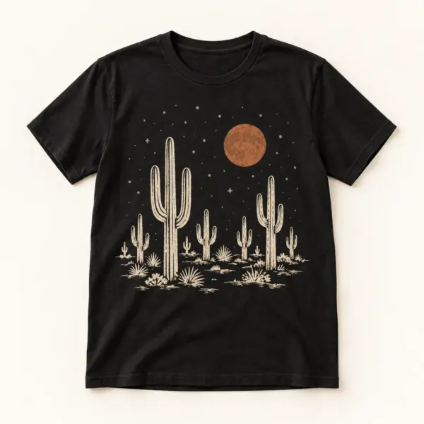 Main mockup of a black crew neck T-shirt in the Desert Night Sky design