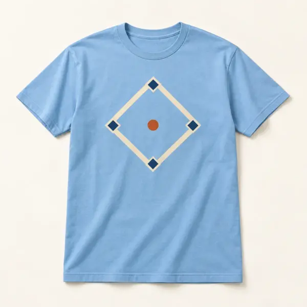 Main mockup of a sky blue crew neck T-shirt in the Base Path Geometry design