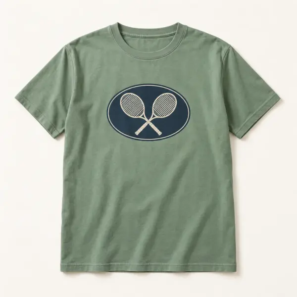 Main mockup of a sage crew neck T-shirt in the Rally Tennis Lines design