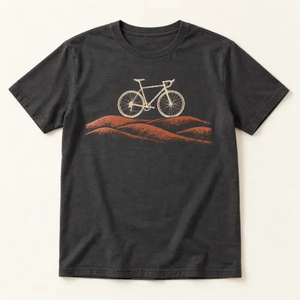 Main mockup of a charcoal crew neck T-shirt in the Cycling Horizon design