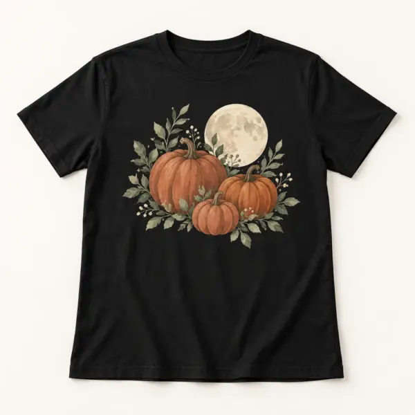 Main mockup of a black crew neck T-shirt in the Pumpkin Moonrise design