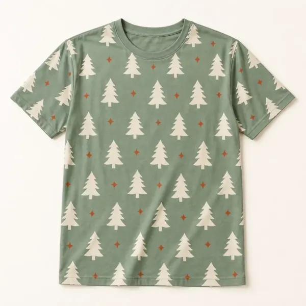 Main mockup of a sage crew neck T-shirt in the Winter Pine Arc design