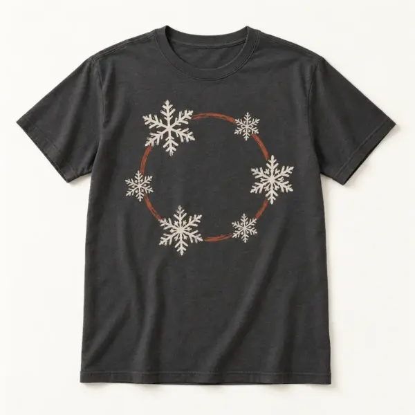 Main mockup of a charcoal crew neck T-shirt in the Snowflake Rhythm design