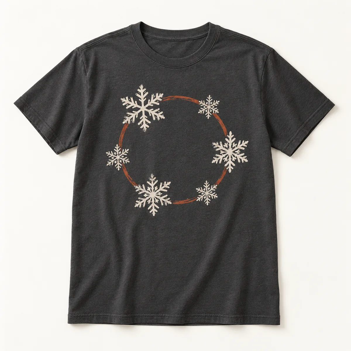 Main mockup of a charcoal crew neck T-shirt in the Snowflake Rhythm design