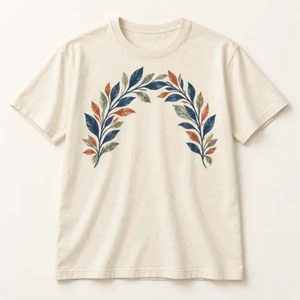 Main mockup of a cream crew neck T-shirt in the Autumn Leaf Mosaic design