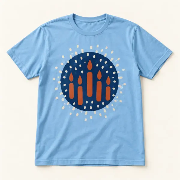 Main mockup of a sky blue crew neck T-shirt in the Birthday Confetti Orbit design